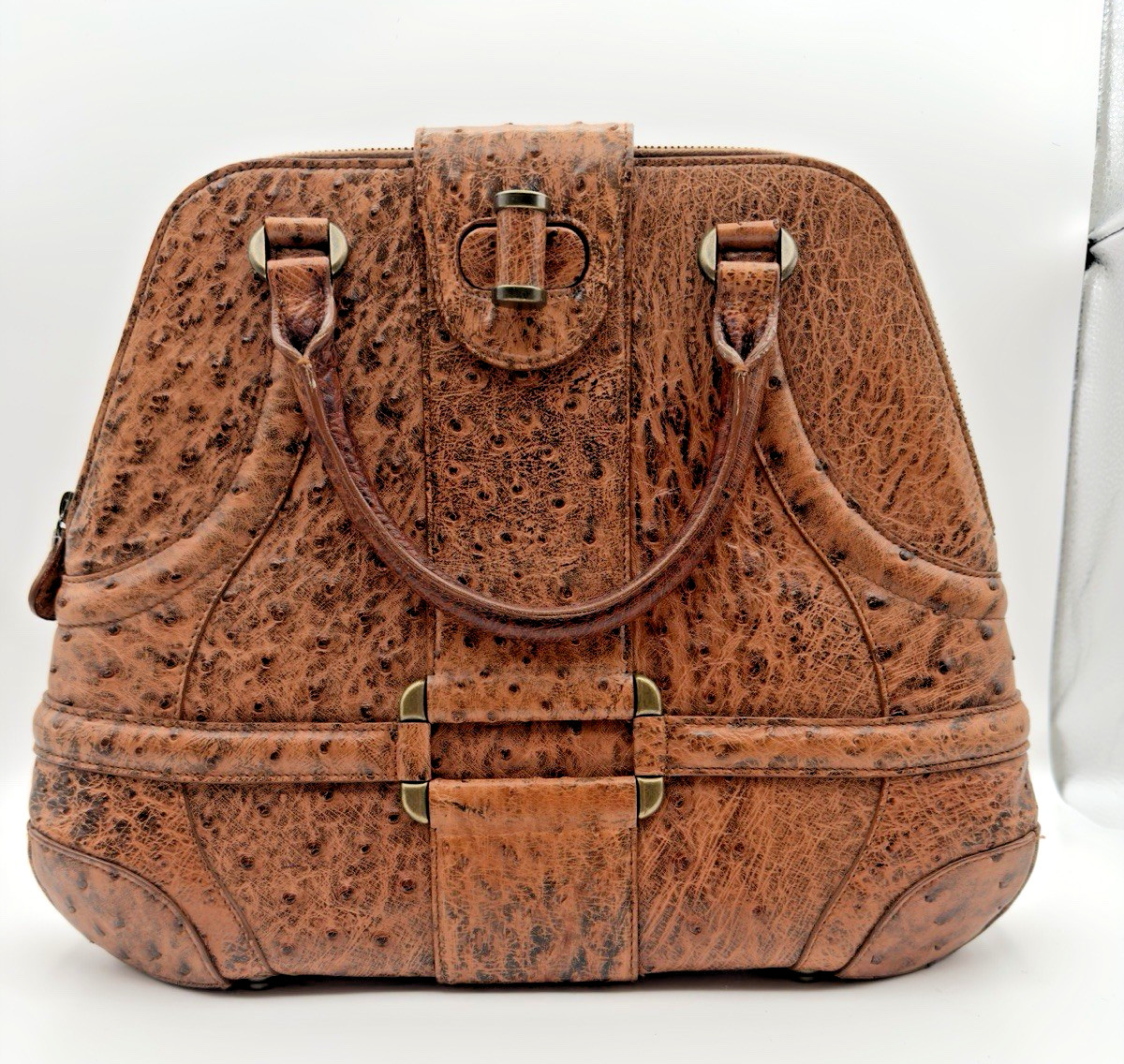 NWOT Authentic Alexander McQueen Novak Ostrich Leather Bag Brown Caramel 16”