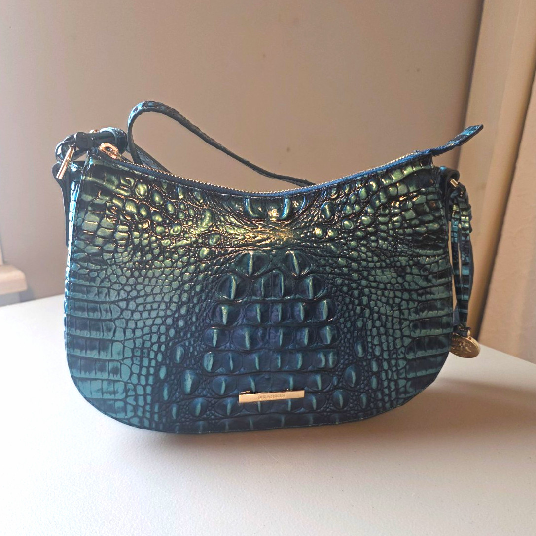 Brahmin Melbourne Crocodile Shoulder Bag Blue/Green Zip Gold w/ Dust Bag