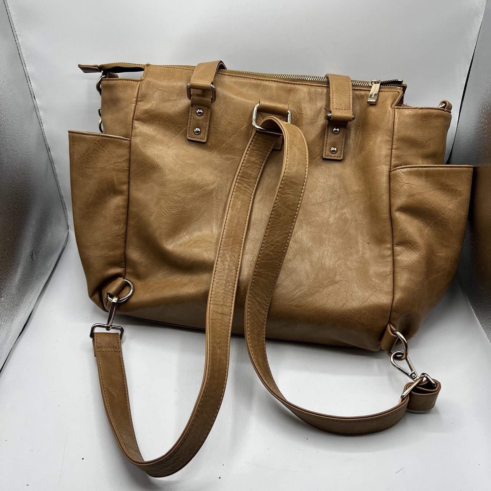 White Elm Gemini Convertible Diaper Bag Laptop Tote Tan Brown Vegan Leather Read