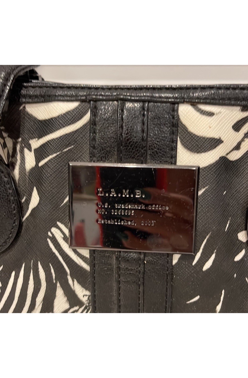 L.A.M.B. Black White Abstract Art Satchel Zip Top Double Handles Lined Pockets