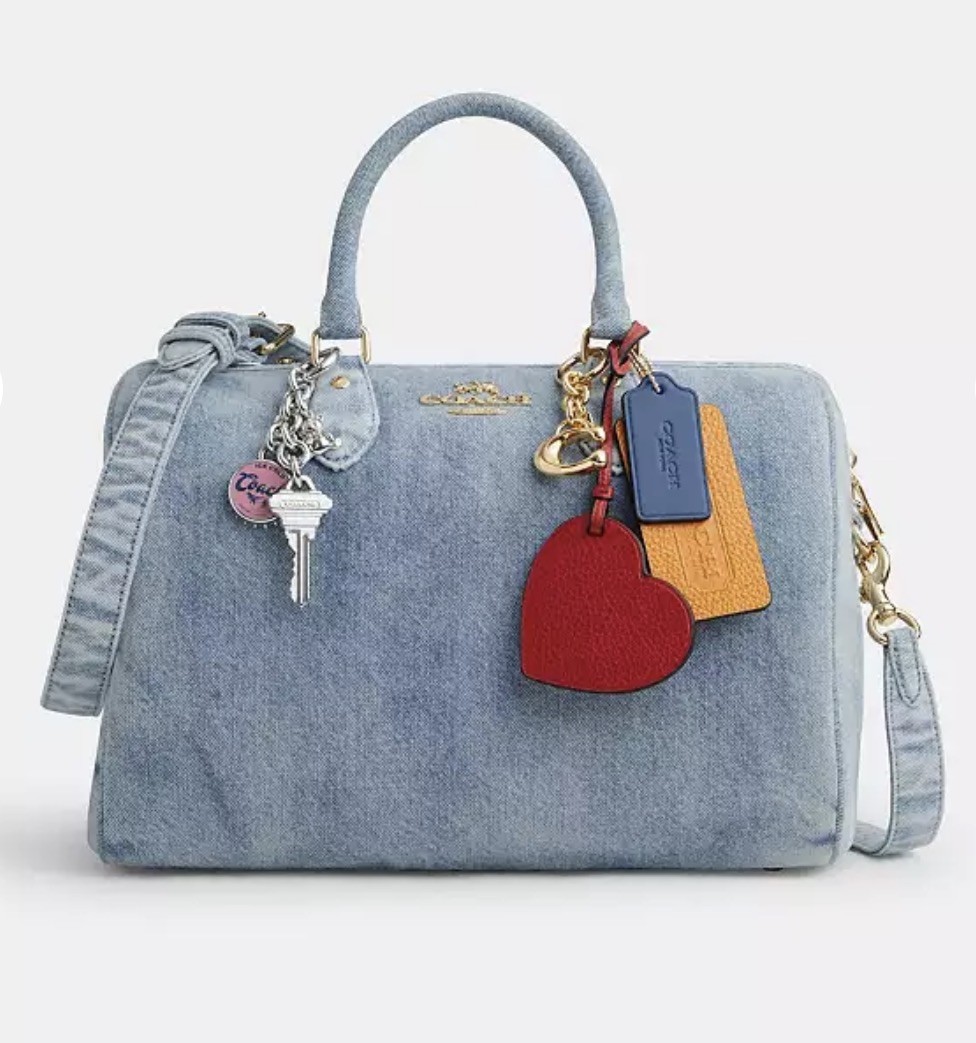 CDY75 Coach Rowan Large Satchel Bag In Loved Denim With Charms Light Indigo NWT