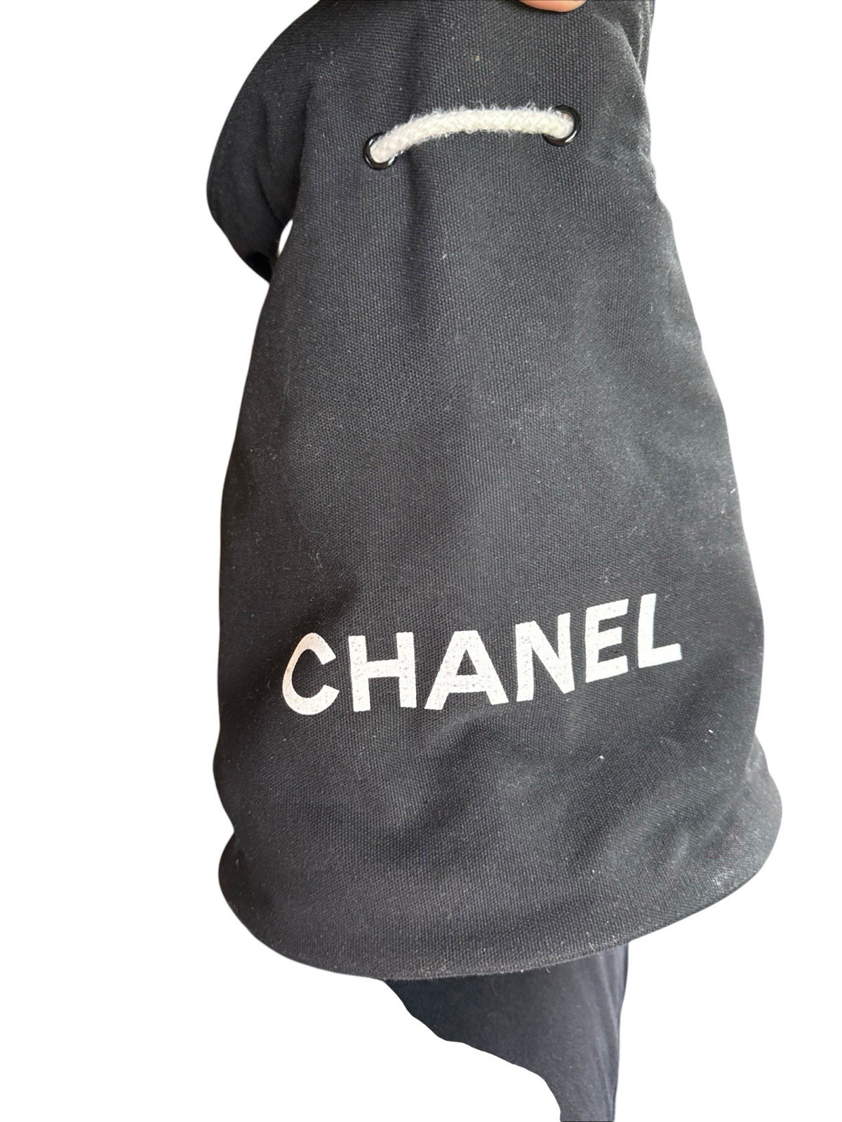 Vintage Chanel Parfums Promotional Drawstring Bucket Bag Black Canvas White Logo