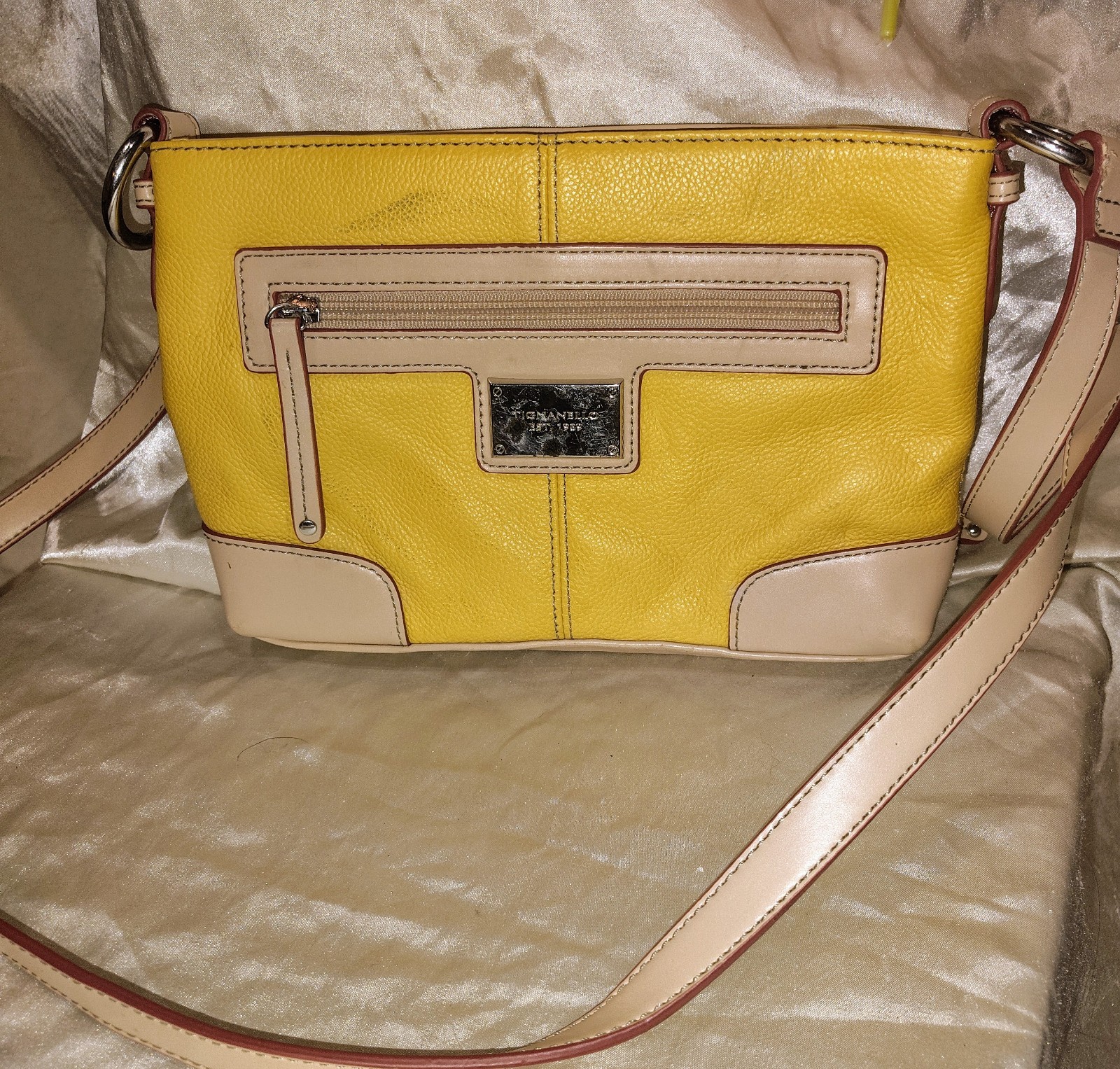 Yellow Crossbody Purse W/ Multi-Colored Silky Interior Adjustable Strap