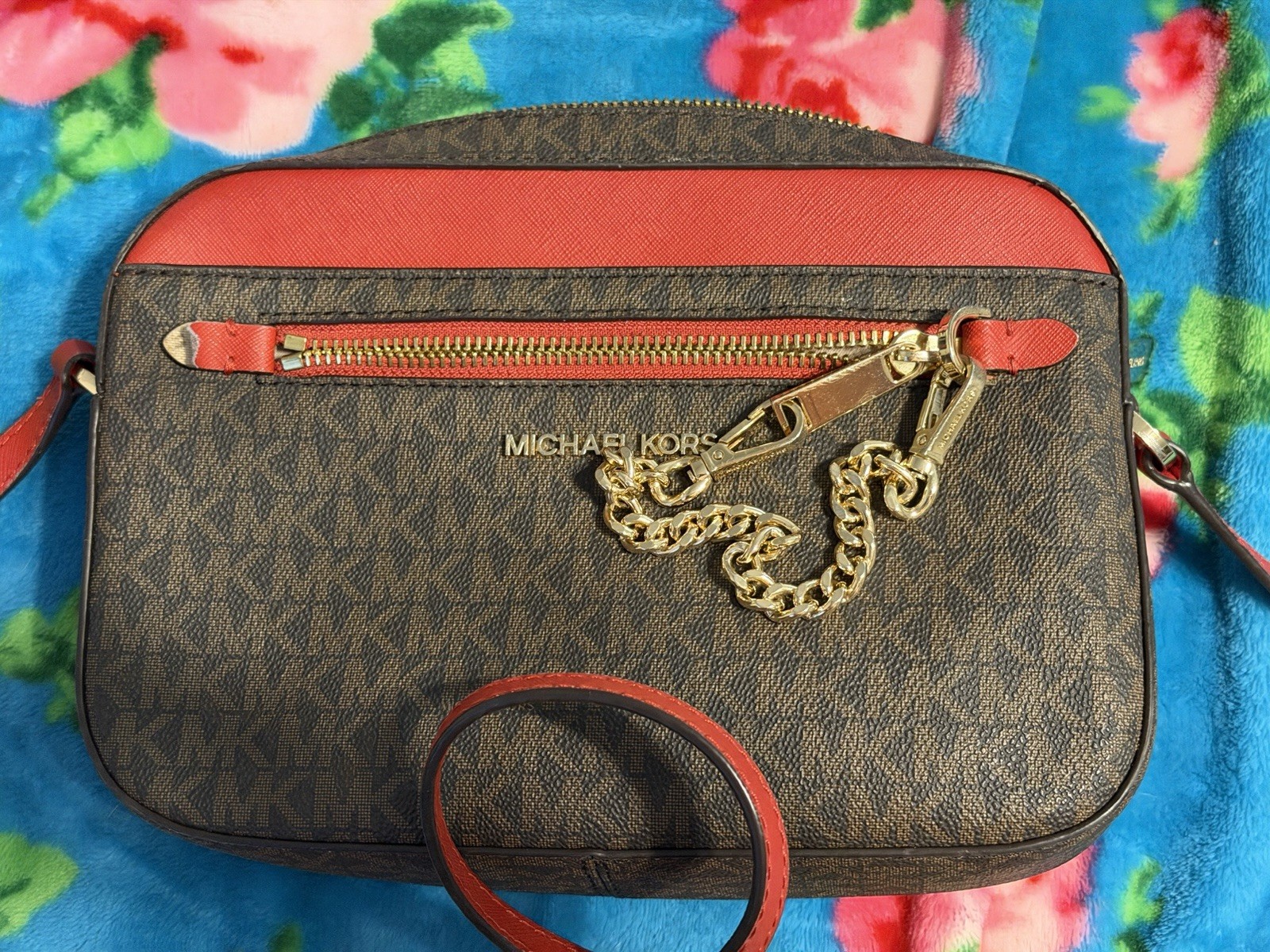 Michael Kors BrownRed Logo Crossbody Bag Gold Chain with wear as shown in photos