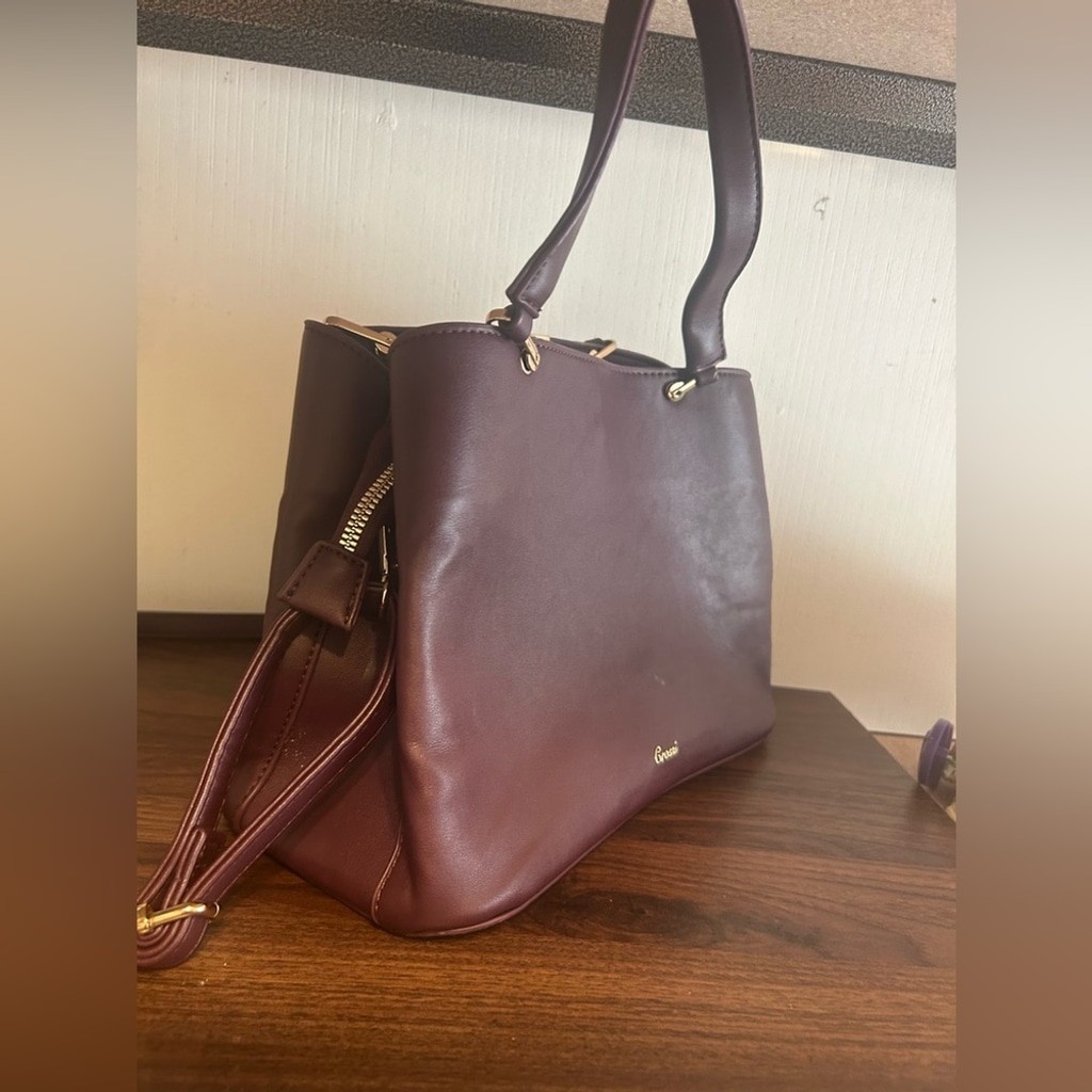 Burgundy Satchel Bag Gold V Top Handle Crossbody Strap Minimalist Purse Maroon