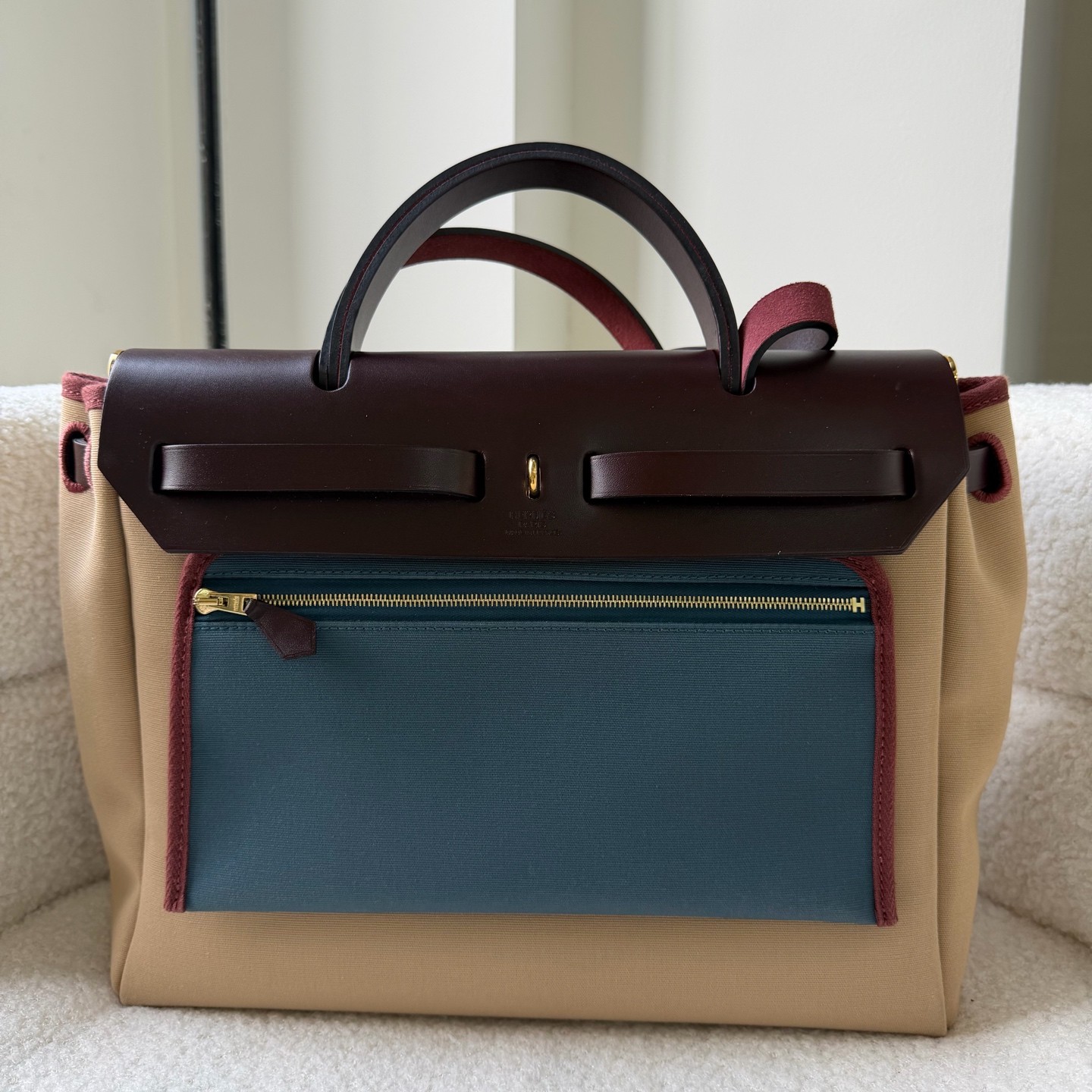 Hermes Herbag Normal Trench Beige Ebene Canvas Calf Leather Hand & Shoulder Bag