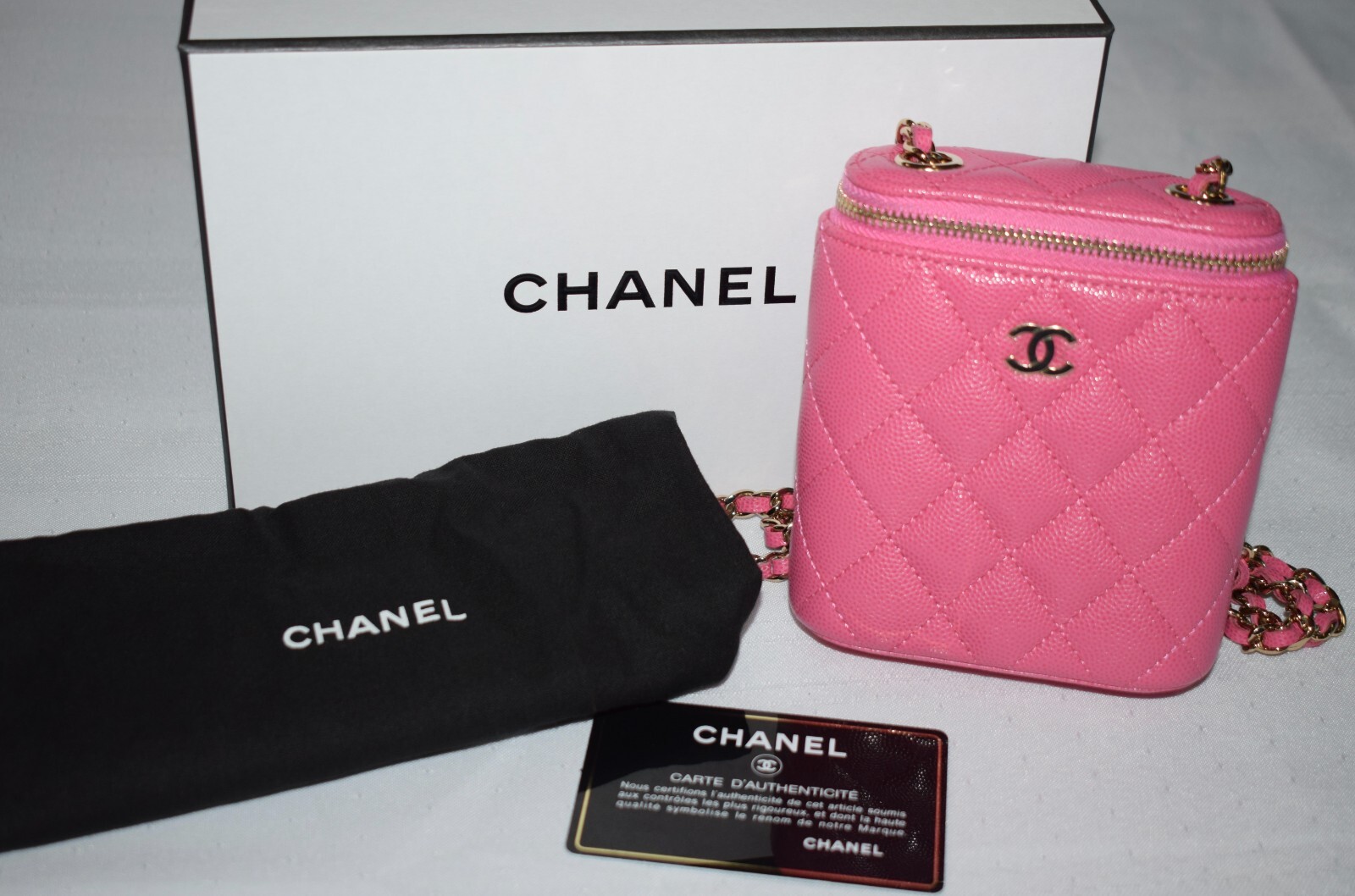 Chanel Coco Hot Pink Caviar Small Vertical Vanity Purse Bag With Chain Strap US6