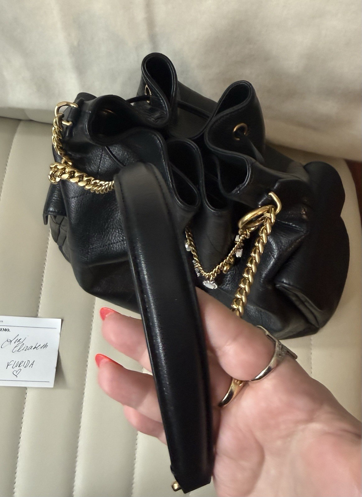 Tory Burch Charlie Quilted Drawstring Bag Large Black Gold Chain Dust SOLDOUT