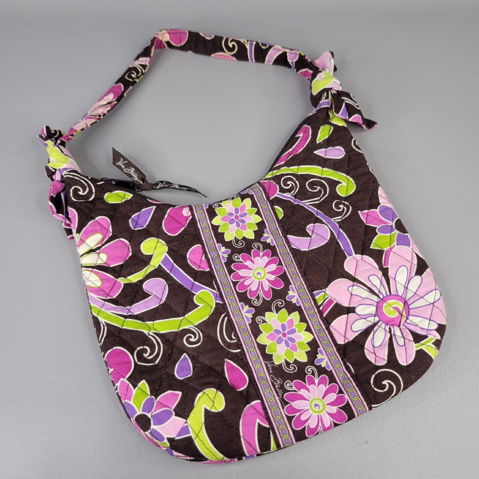 Vera Bradley Womens Hobo Shoulder Bag Zipper Closure Quilted Floral Brown Purple