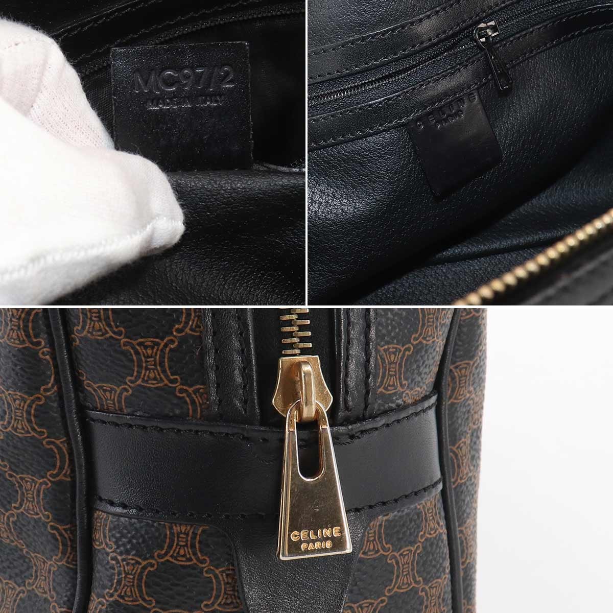 CELINE Macadam Hand Bag PVC Leather Black Brown Purse Vintage 90332453