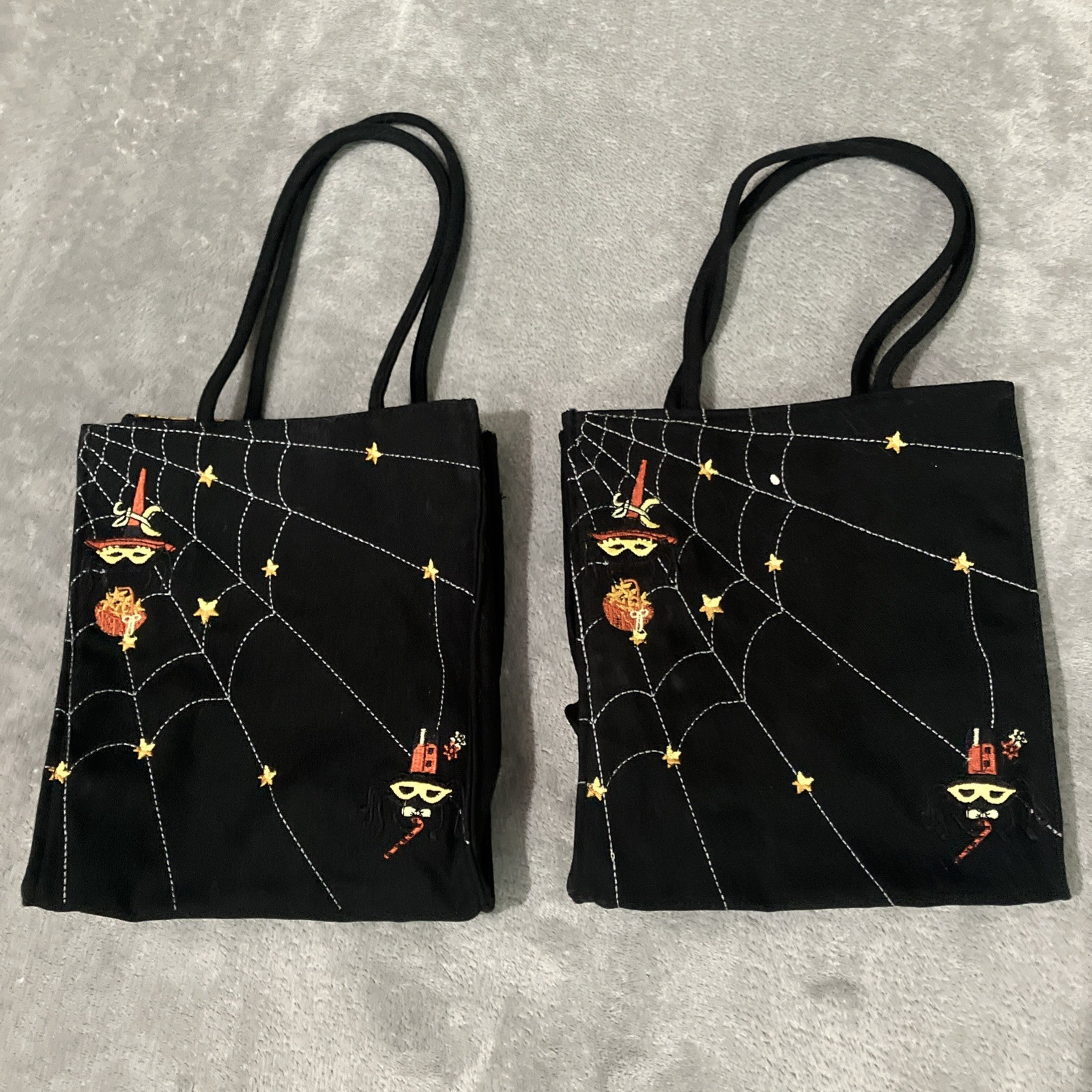 Longaberger Halloween Trick Treat Tote Black Spider Web Purse Cotton Bag (2X)