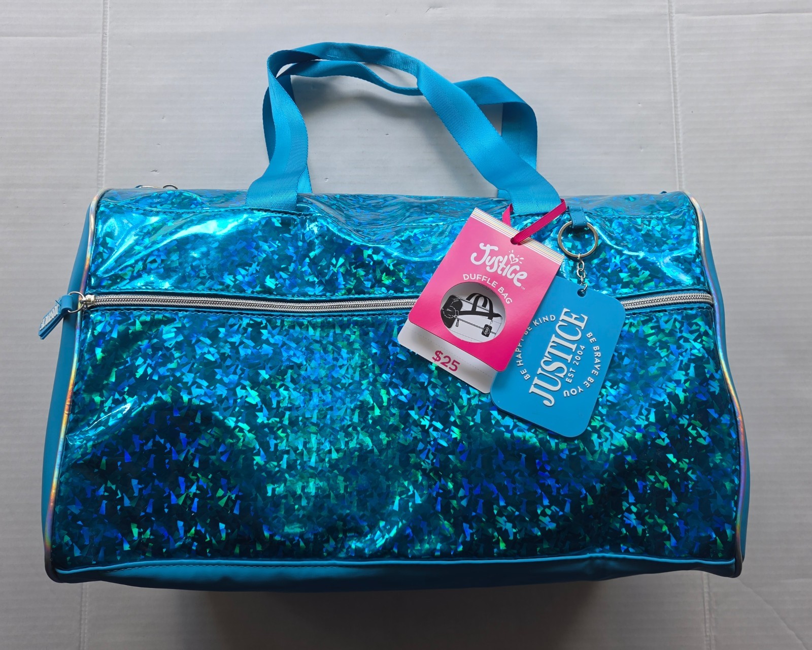 Justice Duffel Aqua Blue Bag Cracked Holographic -Size: 17″ in x 14″ in x 10″ in
