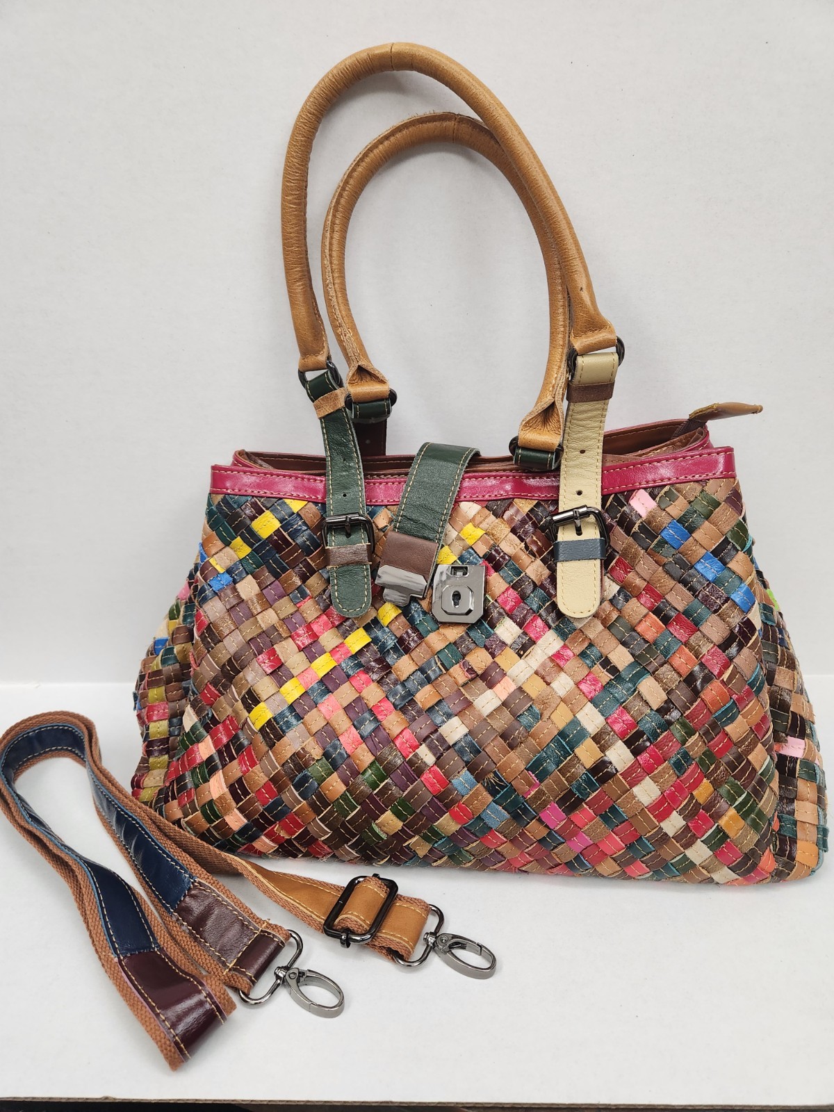 Handwoven Basket Weave Leather Tote or Shoulder Bag Magnetic Snap Closure