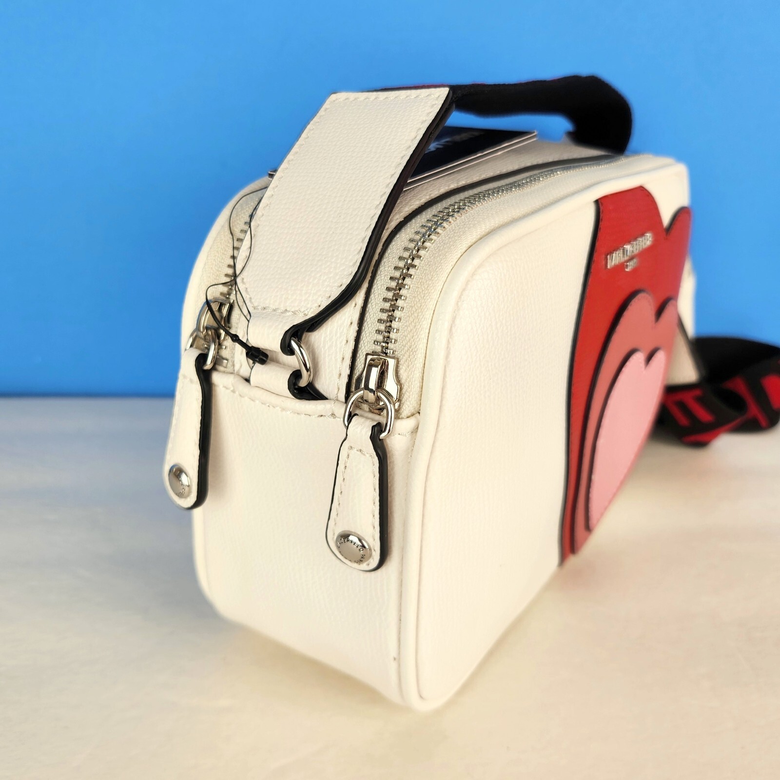 New Karl Lagerfeld Paris Maybelle Crossbody Bag White w Pink Red Hearts w/Pouch