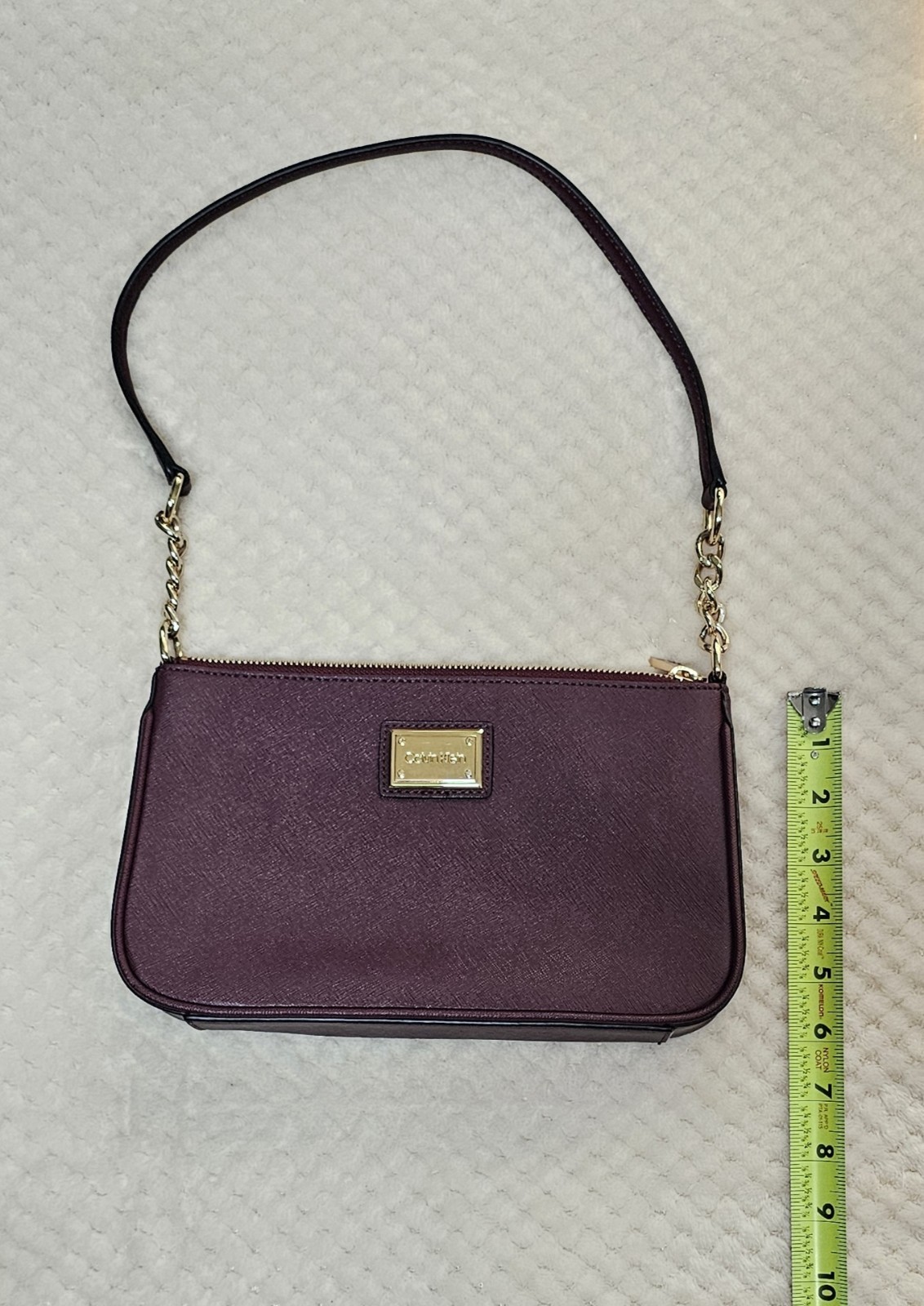 Calvin Klein Purple Small Shoulder Bag Saffiano Finish Gold Chain Strap Zip