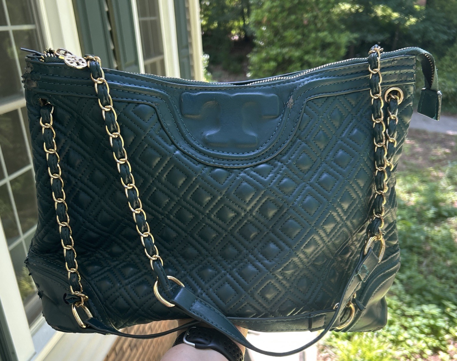 Tory Burch Fleming Hunter Green Quilted Chain Leather Tote Shoulder Bag – READ