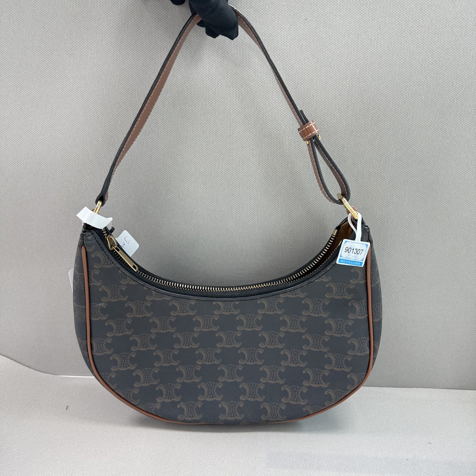 AUTH Celine Ava Bag Triomphe Coated Canvas Brown Hobo Bag Shouder Bag Gold HDW