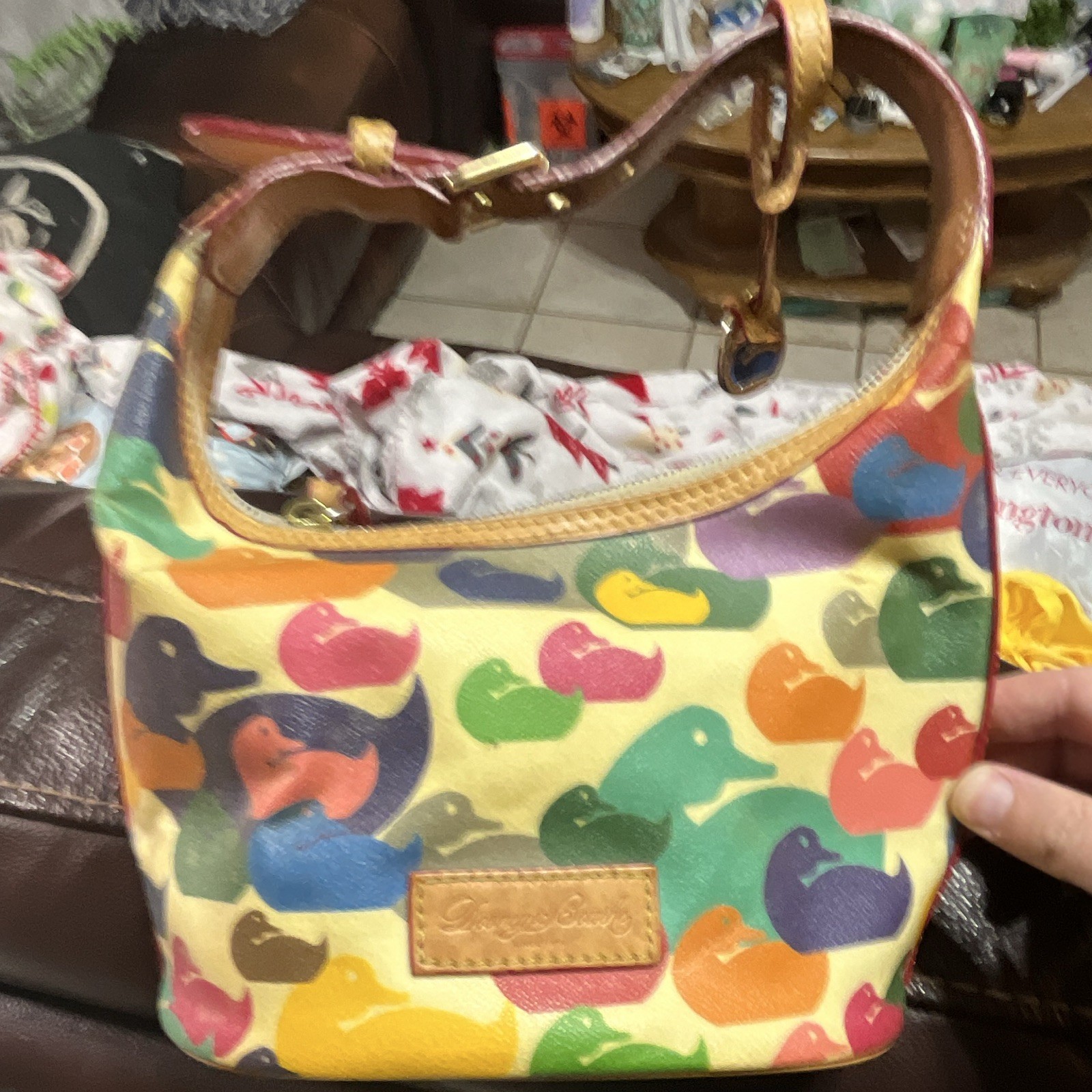 Dooney & Bourke Multicolor Logo Zip Shoulder Bag Lined Inner Pockets Gold