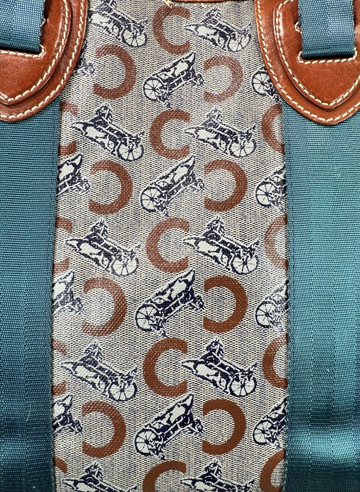 Celine Macadam Pattern Shoulder Bag Tote Authentic Brown Logo Aqua Handles