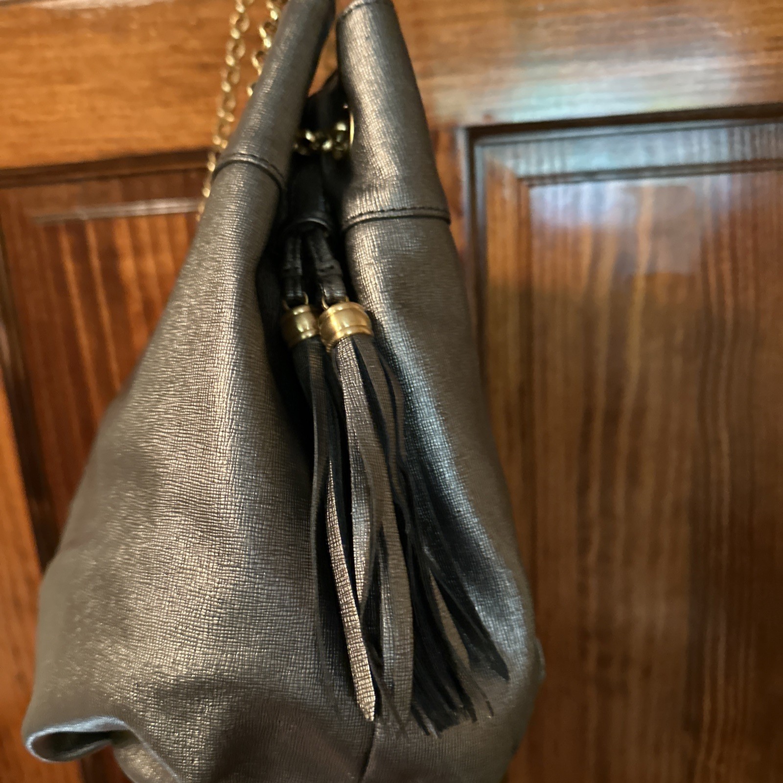 Womens Eric Javits Dark Grey Metallic Purse Shoulder Handbag Chain Strap NWOT