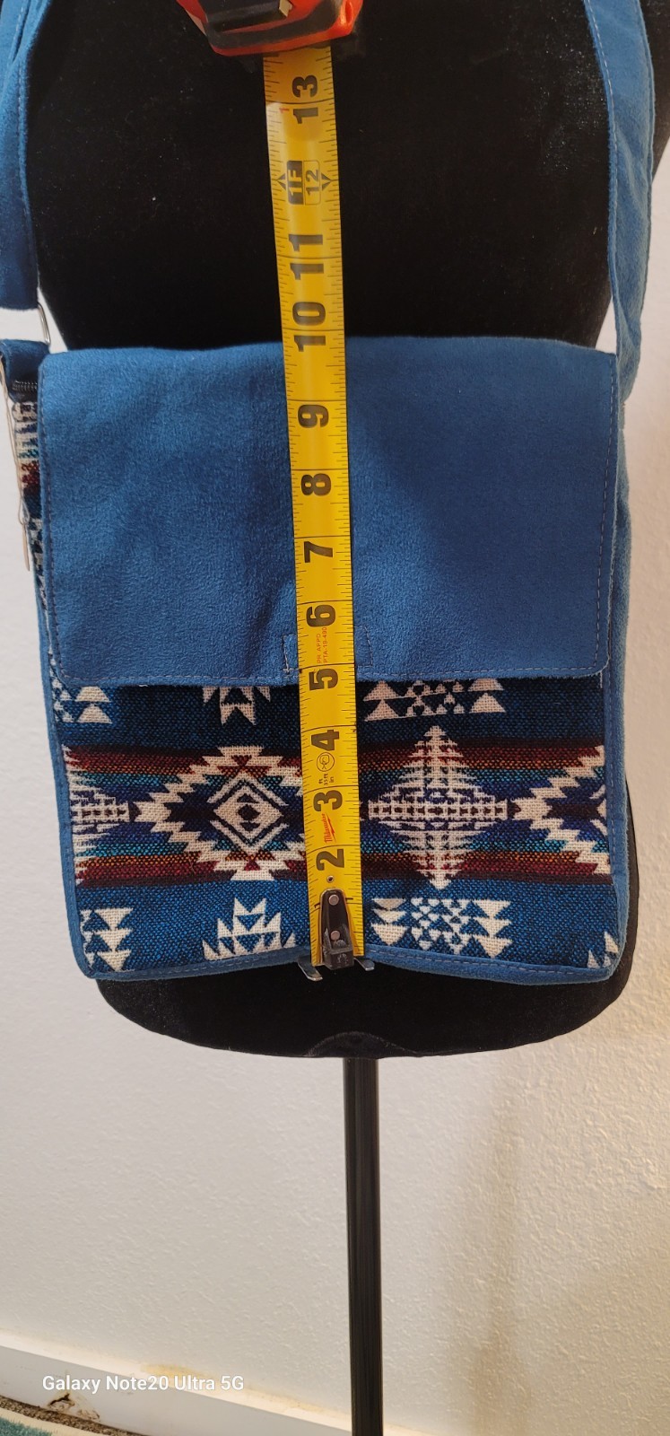 Blue Geometric Tribal Crossbody Bag Magnetic Flap Inner Pockets Silver Hardware