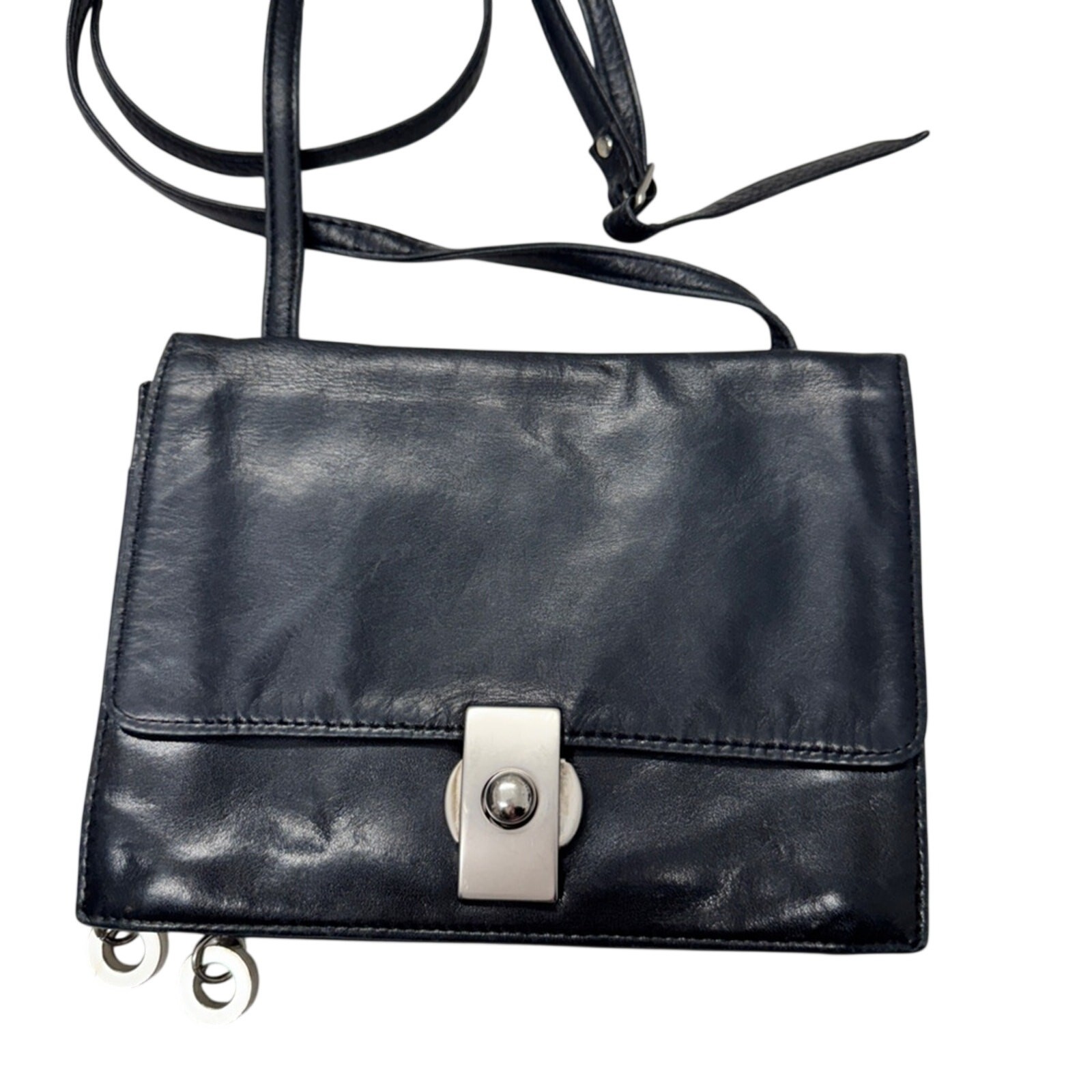 Perlina New York Black Leather Crossbody Bag Handbag Purse Womens Classic