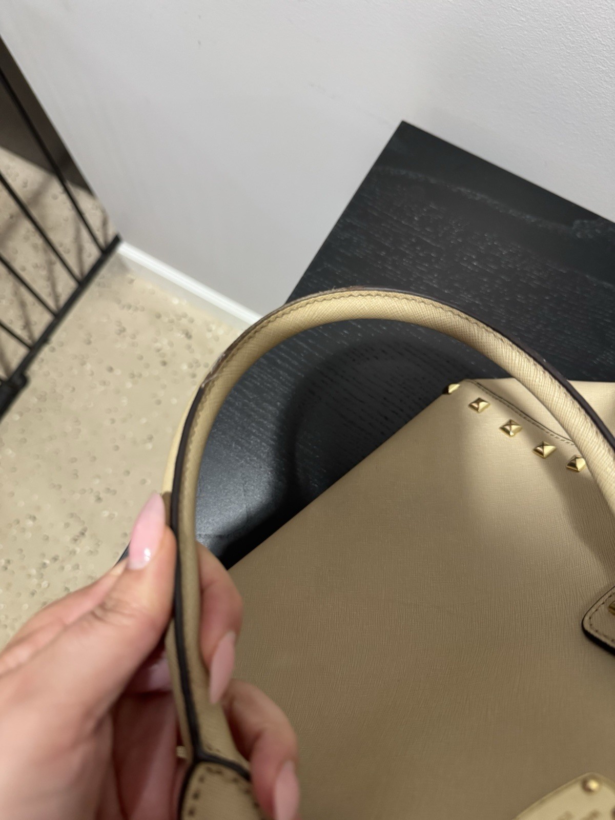 Michael Kors Beige Studded Medium Satchel Top Handle, Detachable Strap Zip
