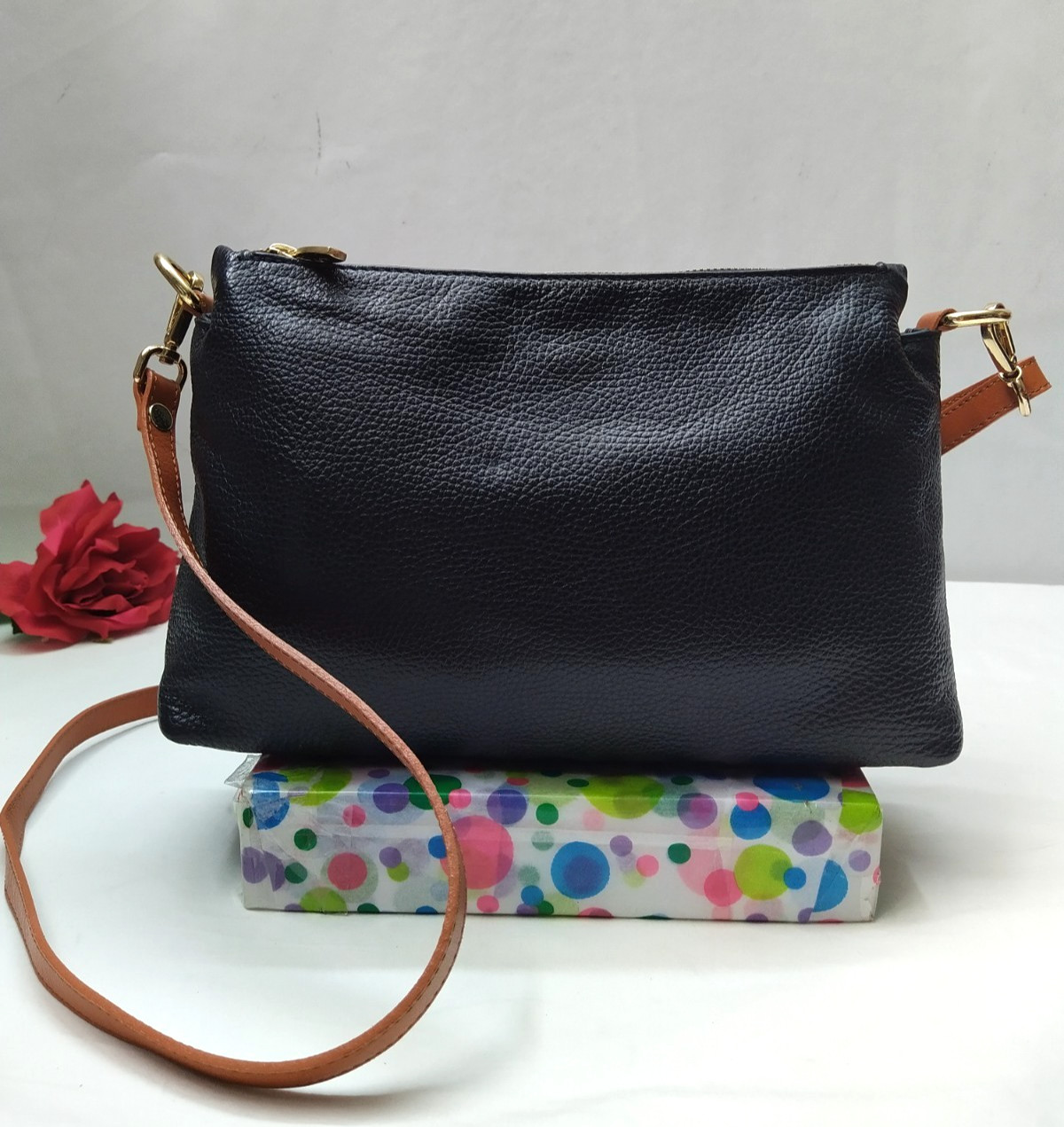 Valentina Black Pebbled Leather Double Zipper Closure Crossbody Bag