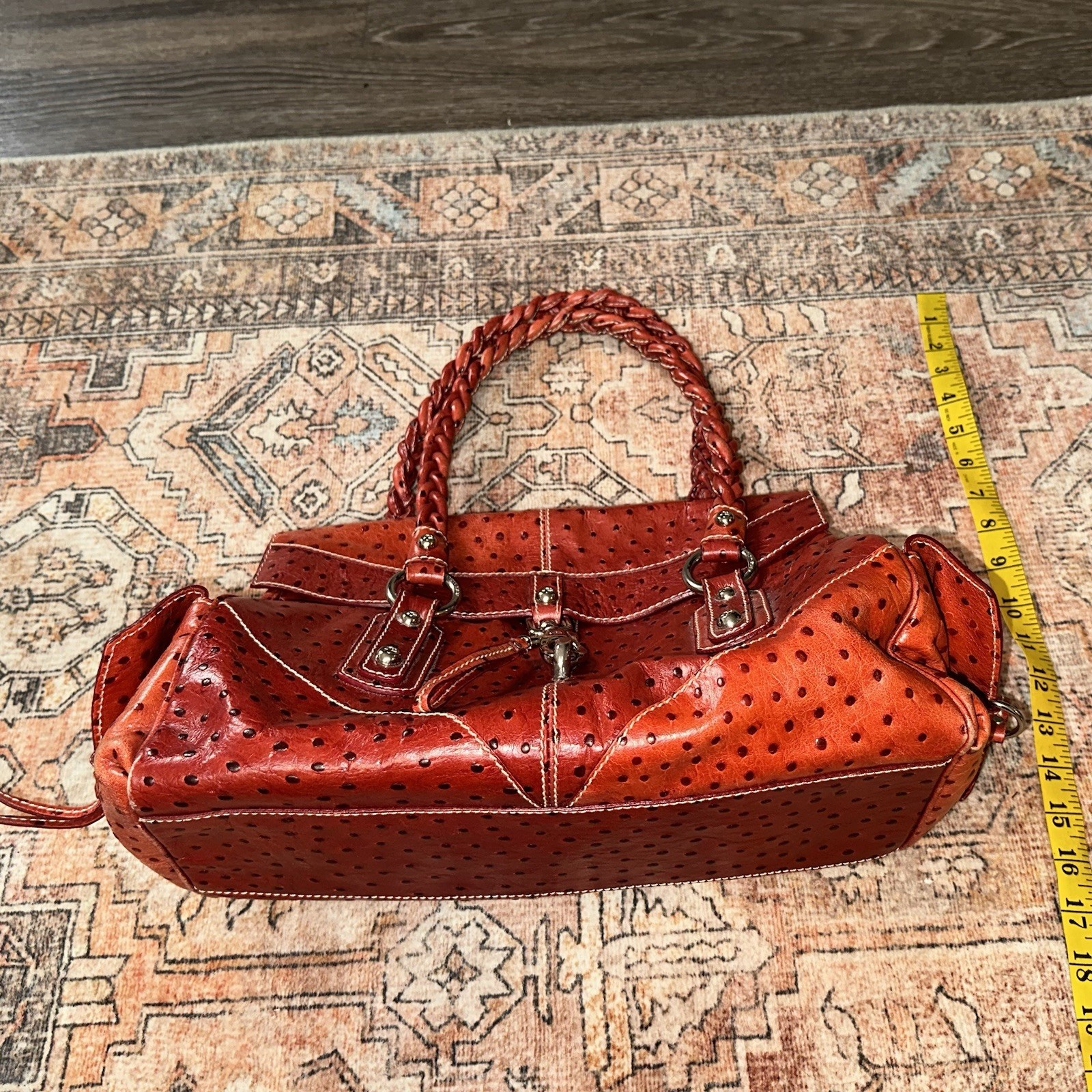 FRANCESCO BIASIA Secret Love Medium Satchel in Brown/Red Ostrich Print Leather