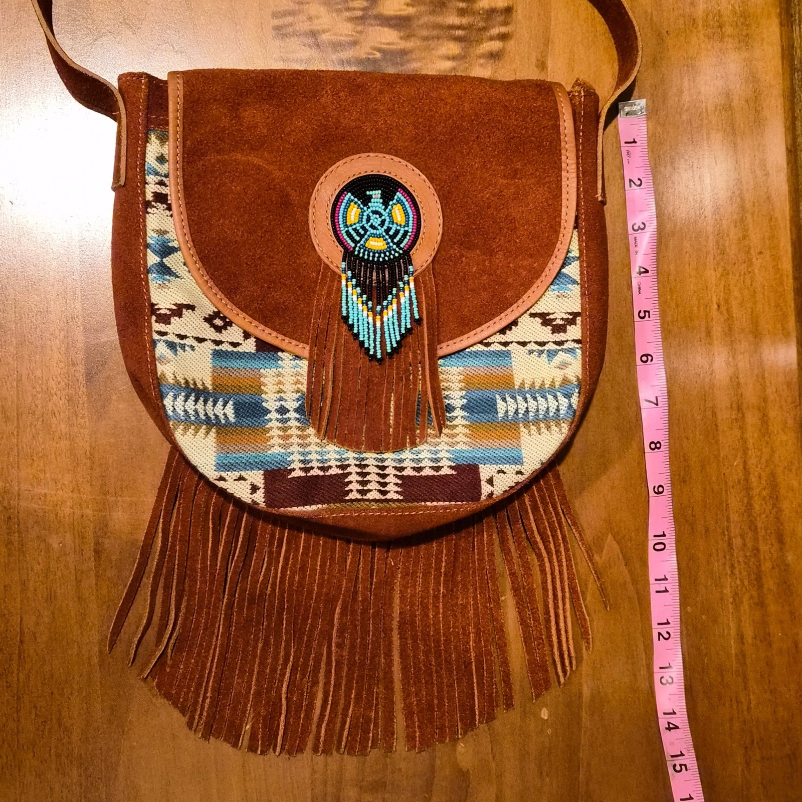 Mallky Suede Southwestern Beaded Thunderbird Fringe Crossbody Bag Brown Bohemian