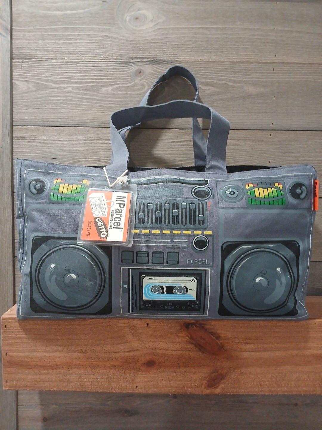 VTG Y2K Black Parcel Stereo Boom Box Cassette Tape Large Handbag Tote Canvas Bag
