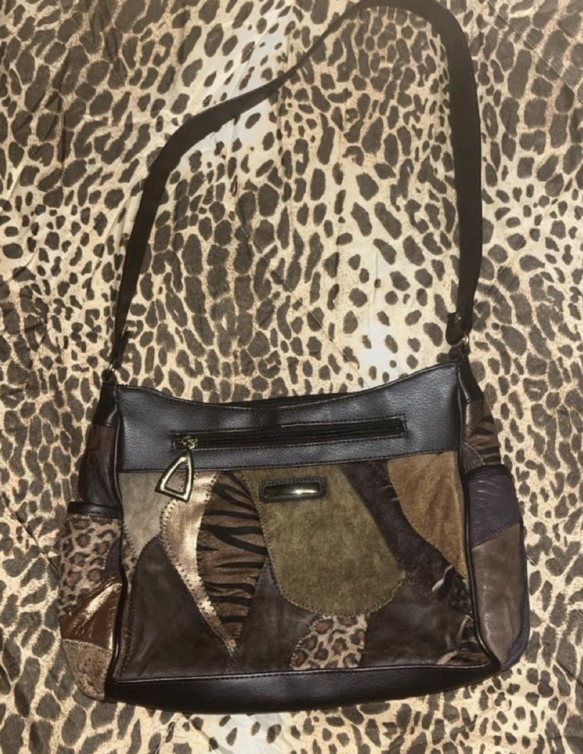 Y2K Womens Patchwork Shoulder Bag Brown/Black Zip Closure Inner Pockets