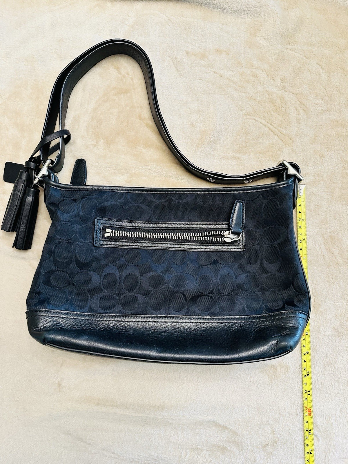 Coach Black Shoulder Bag Tassel Zipper Logo Accent Adjustable Strap
