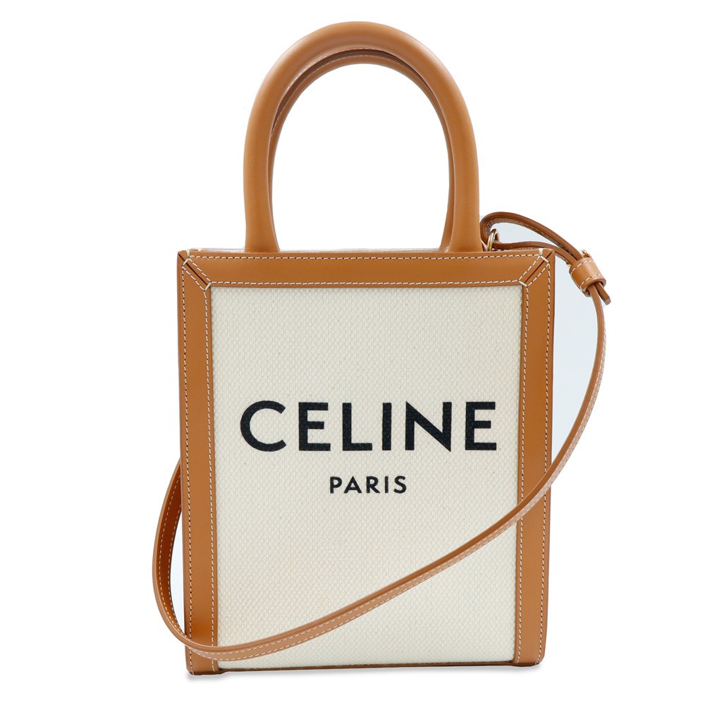 CELINE Mini Vertical Cabas Handbag Cotton & Calfskin, Natural & Tan 193302BNZ