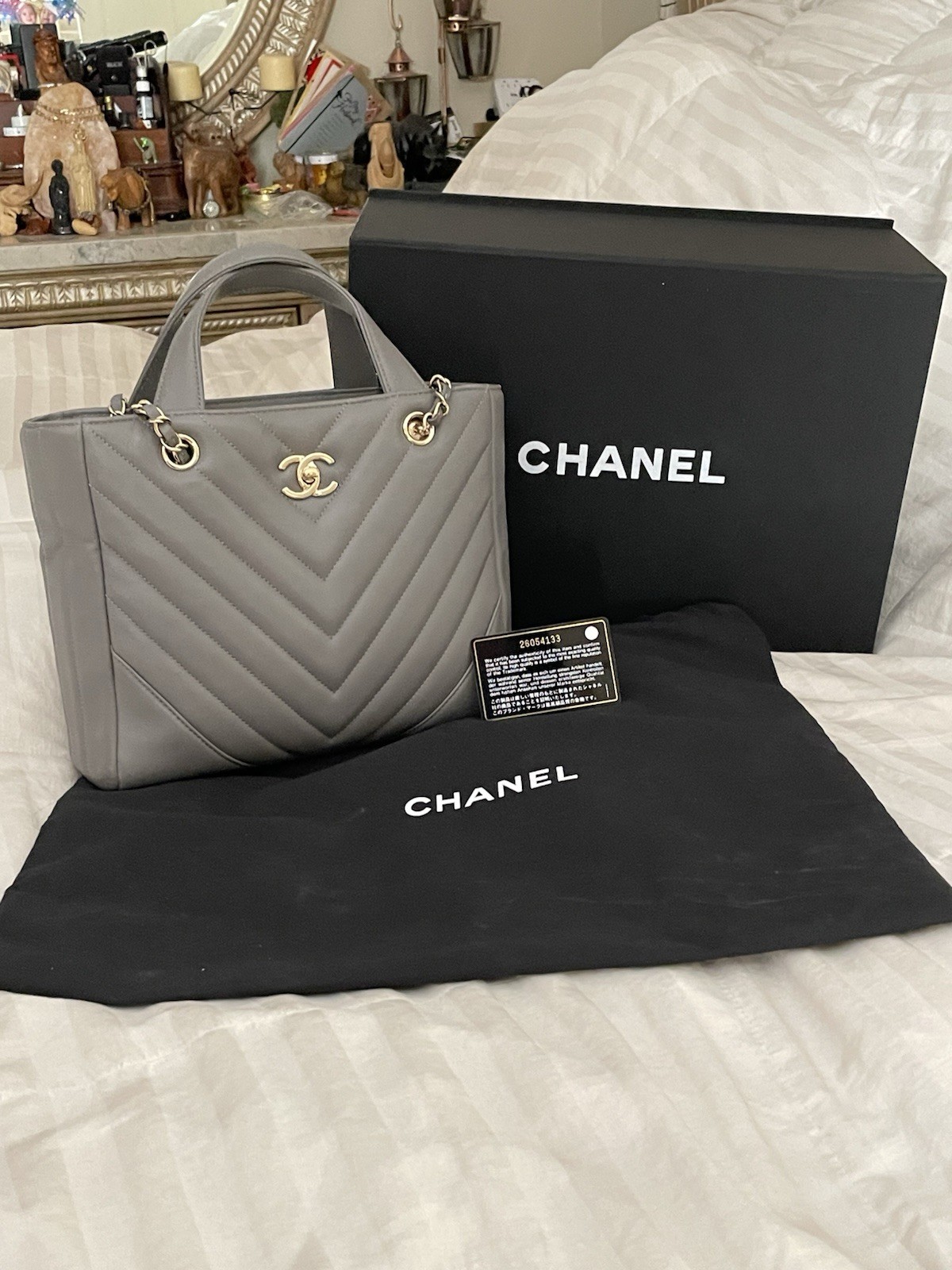 CHANEL Gray Chevron Quilted Top Handle Satchel Chain Strap Gold HW Box/Dust