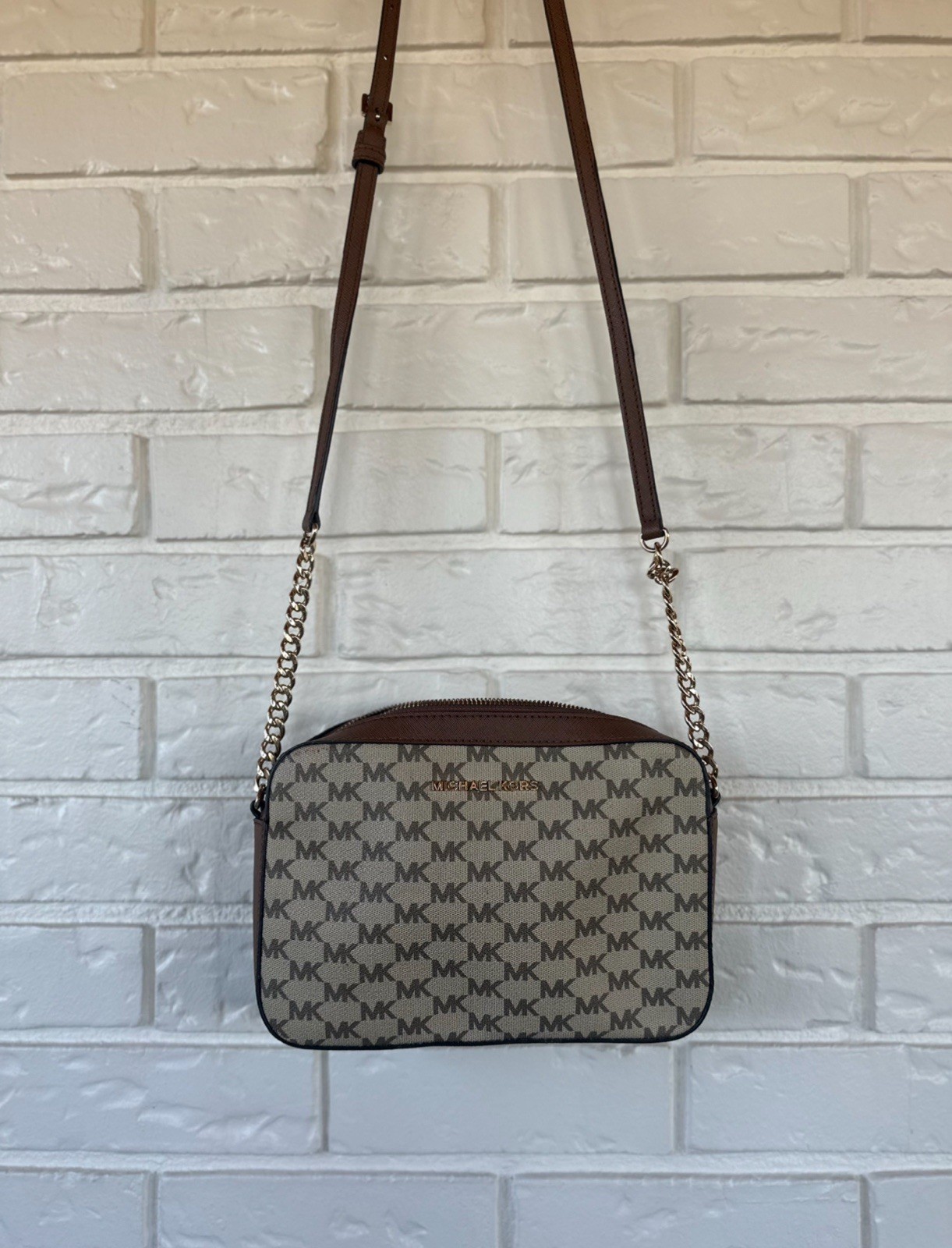 Michael Kors Jet Set Crossbody Signature Logo – Brown Leather & Gold Chain
