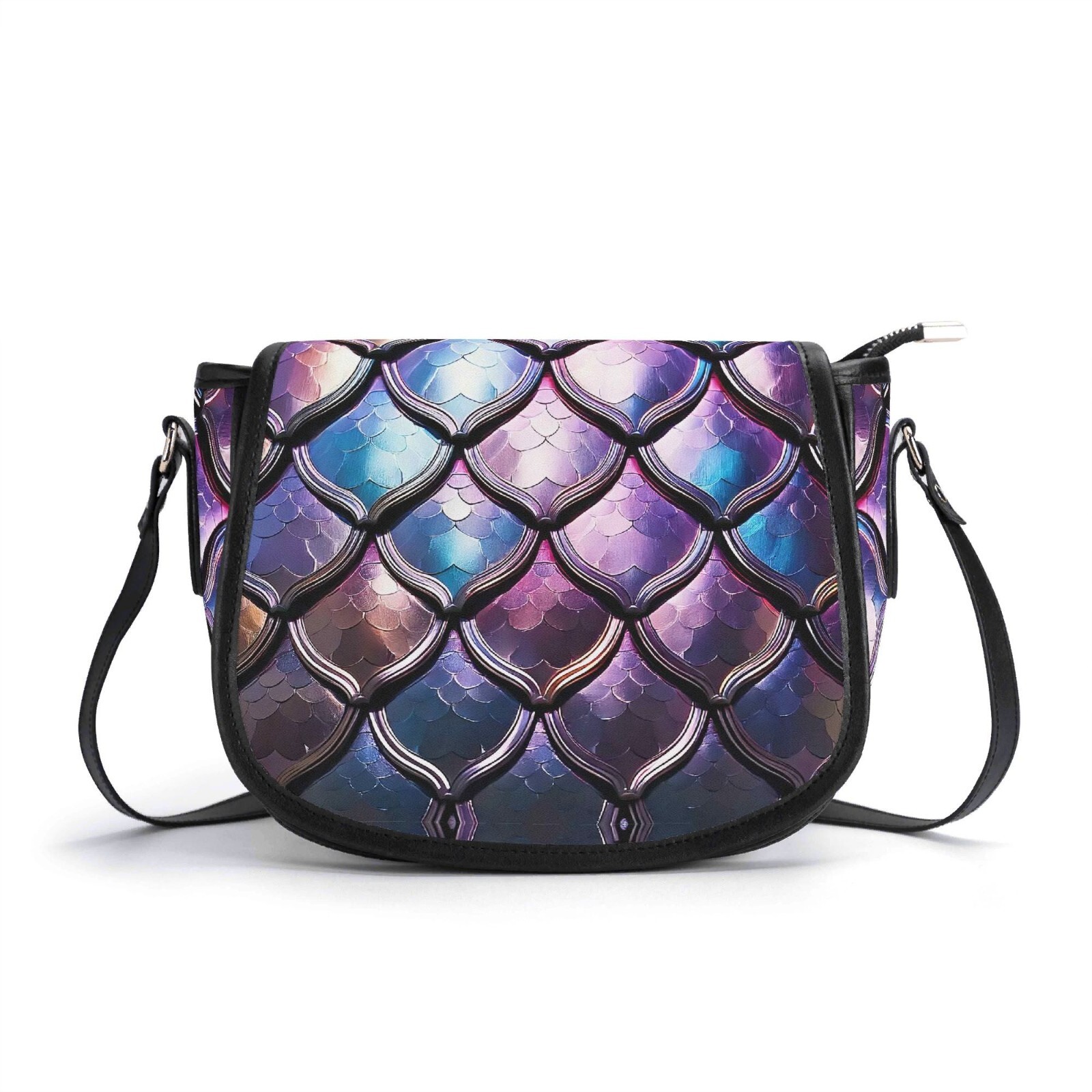 Purple Mermaid Scales Genuine Leather Saddle Shoulder Bag Handbag Armor Gift