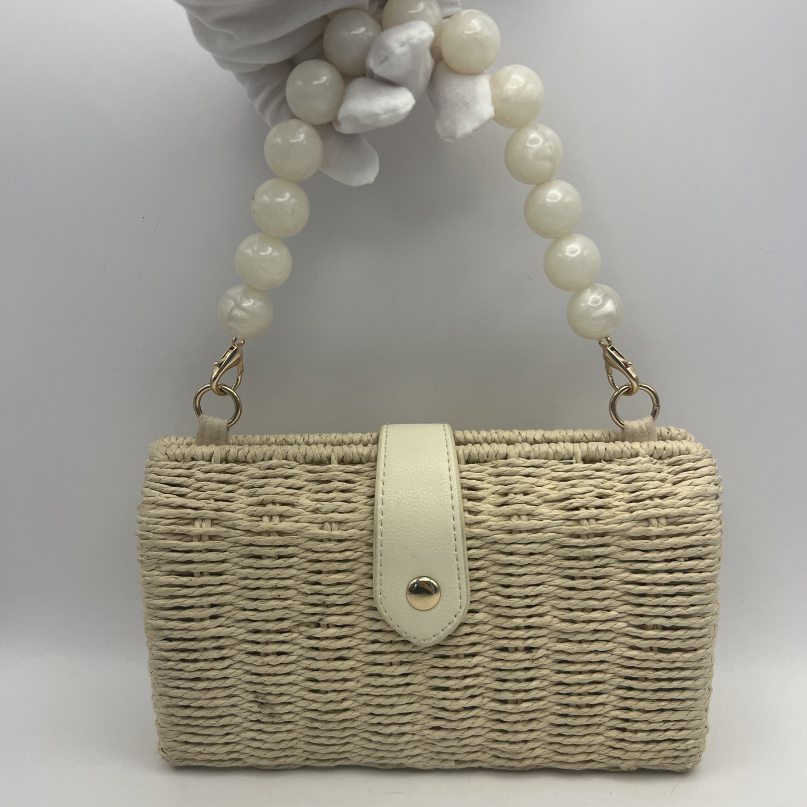 A New Day Straw Woven Clutch Crossbody Bag w/ Tortoise Chain & Pearl Strap