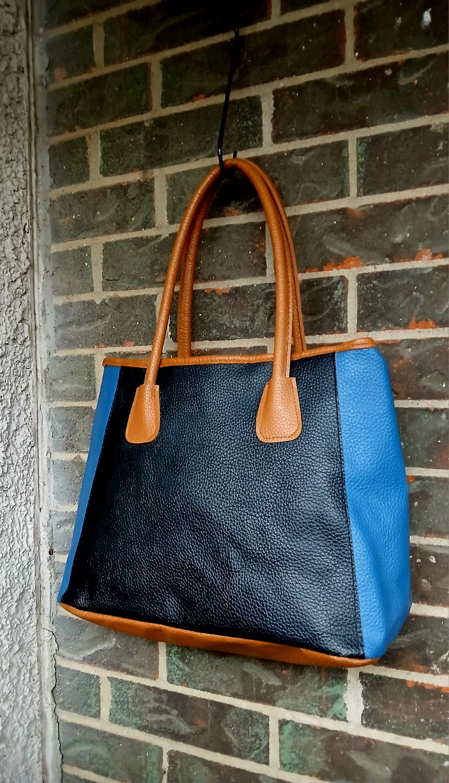 NWOT Neiman Marcus Vegan Leather Black Teal & Russet Brown Colorblock Tote Bag