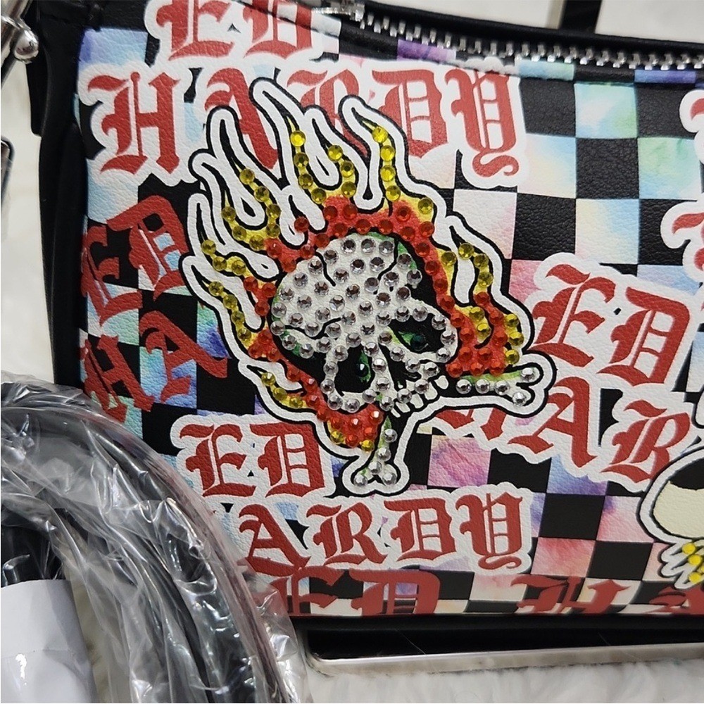 NEW Ed Hardy Women Black Checkered Rhinestone Skull Rose Crossbody Shoulder Bag