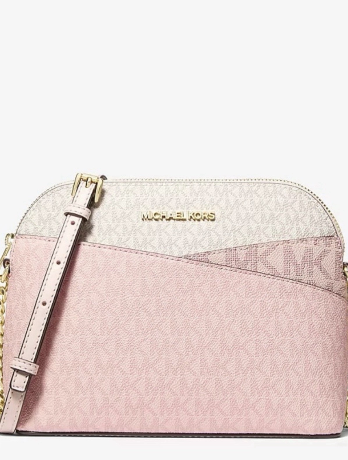 Michael Kors Pink/White Logo Zip Crossbody Bag w/ Detachable Strap Gold
