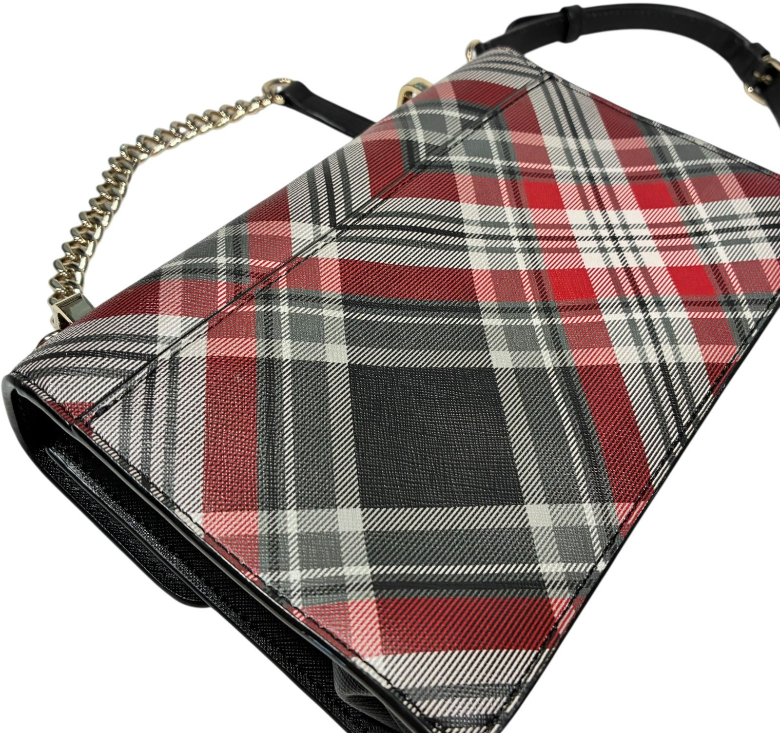 DKNY Elissa Red/Black Plaid Small Shoulder Bag Gold Chain Strap 8.5 x 7 in