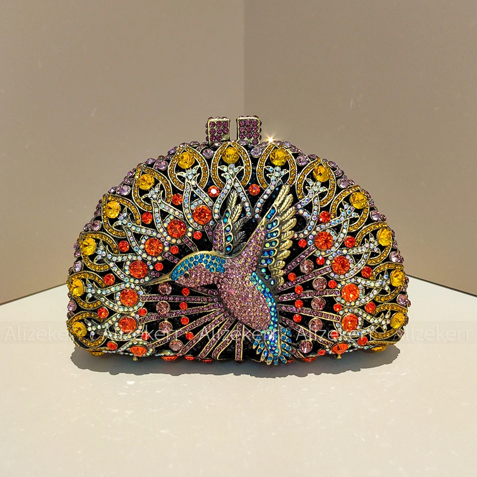 Semicircle Crystal Evening Bags Women Gorgeous Metallic Bird Rhinestone Purses L