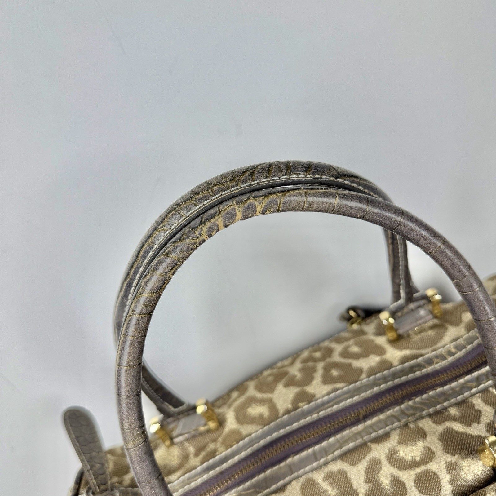 Guess Vintage Leopard Print Croc Trim Studded Satchel Gold Hardware Logo Handbag