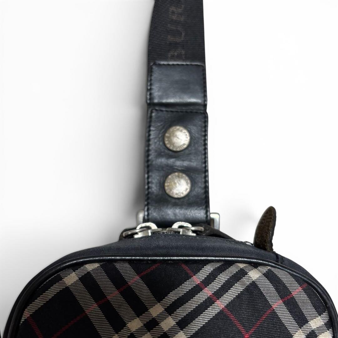 Burberry Black Label Plaid Leather Fabric Body Bag Logo Plate Black Auth
