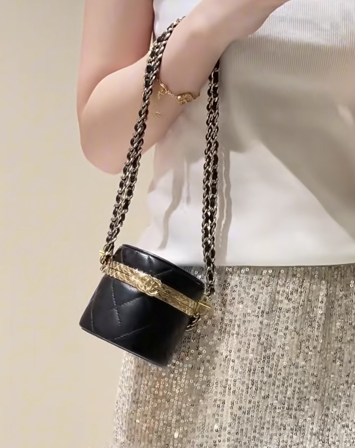 Chanel 22K Mini Black Gold Lambskin Leather Crossbody Cosmetic Bag US Ship