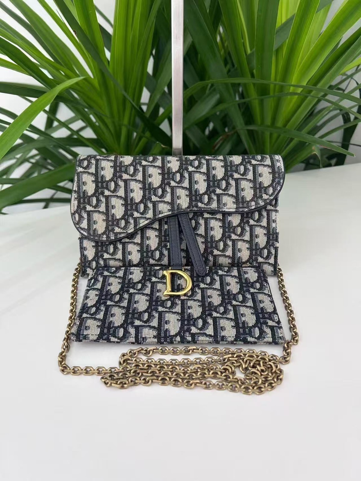 Christian Dior Auth Saddle WOC Blue Oblique Jacquard Canvas Gold Hardware