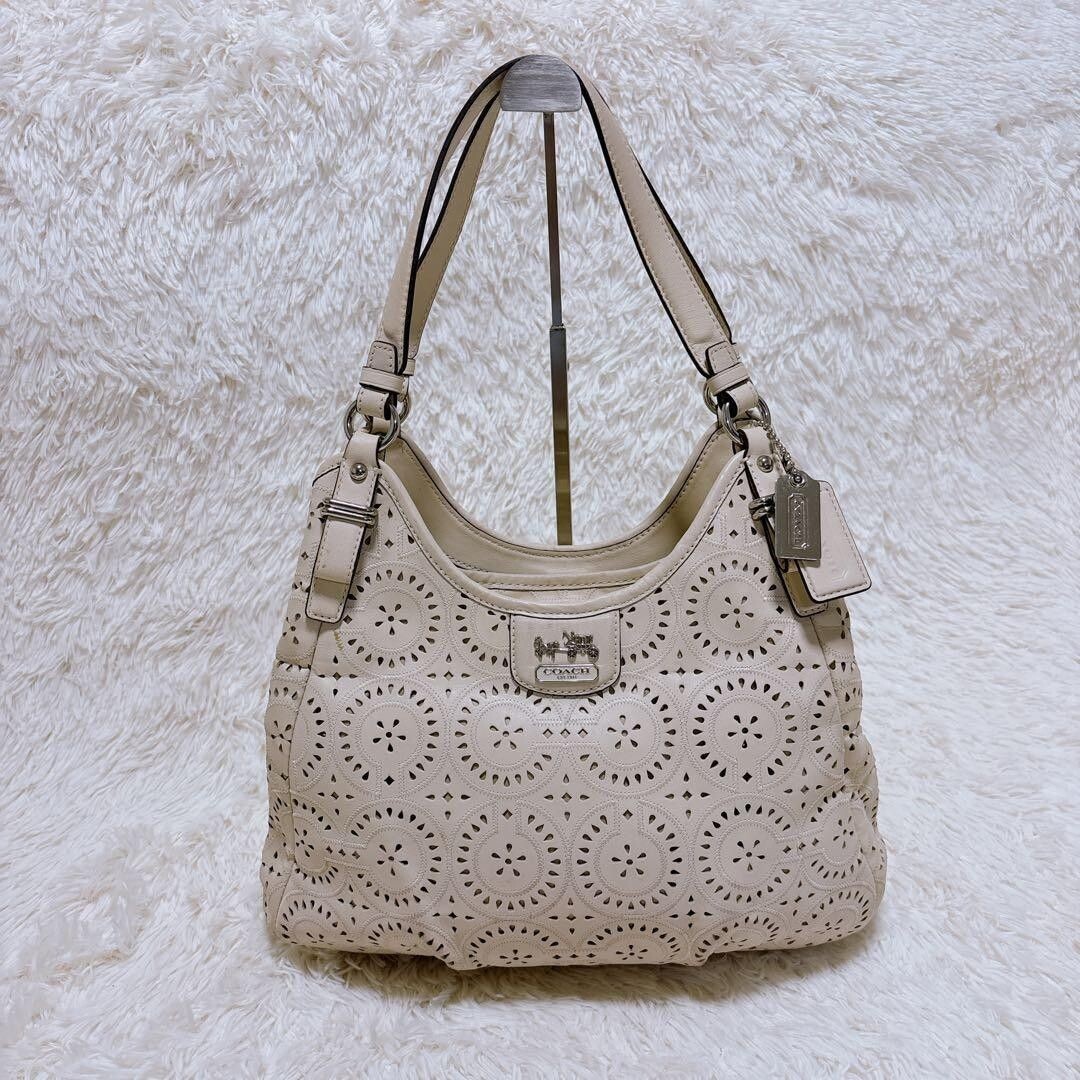 COACH Madison Maggie Perforated Leather Shoulder Bag Beige F19625 Tote 35cm