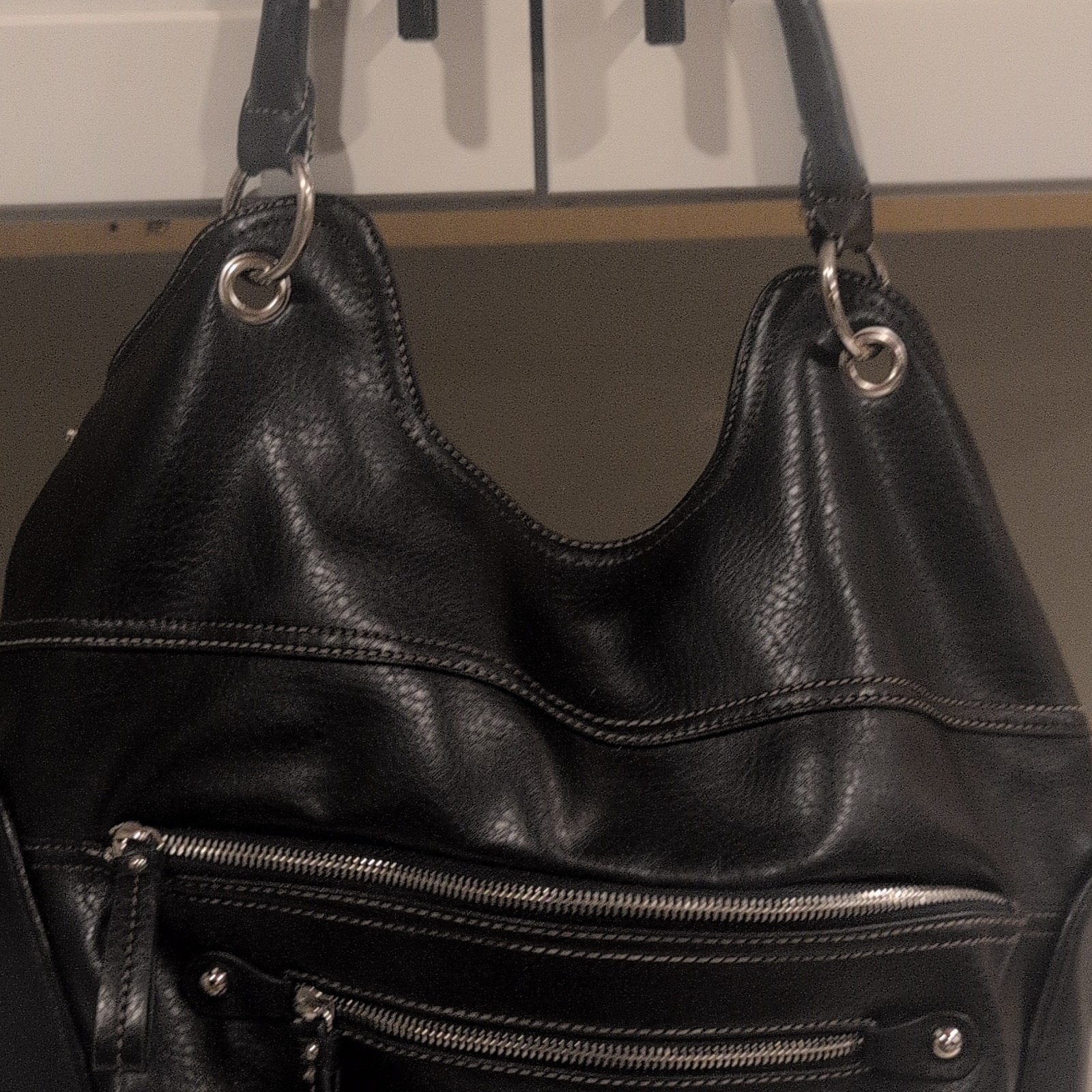 Nine West Women’s Black Pebbled Shoulder Bag, Double Handles, Zip & Magnetic