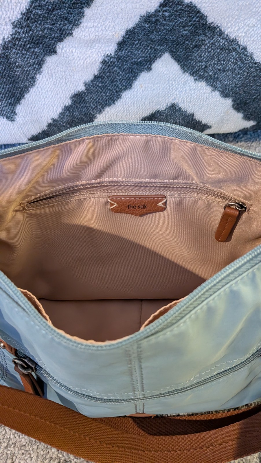 The Sak Esperato Nylon Hobo Shoulder Bag Light Blue Dusty Blue Brown Trim